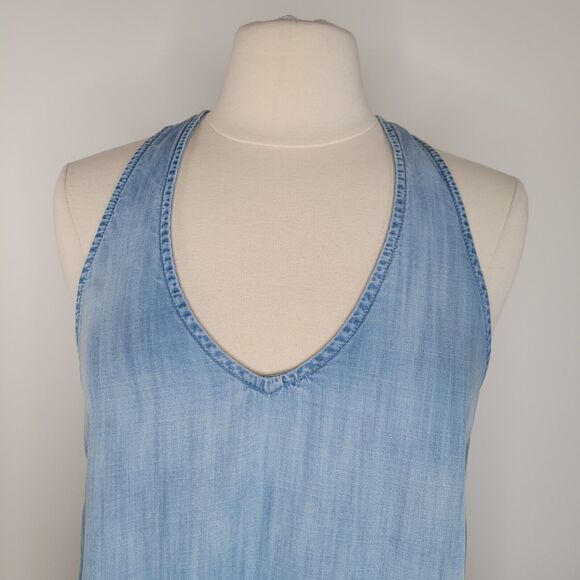BELLA DAHL Blue Chambray Dress Size L Side-Stripe Racerback Flounce V-Neck - Picture 7 of 15